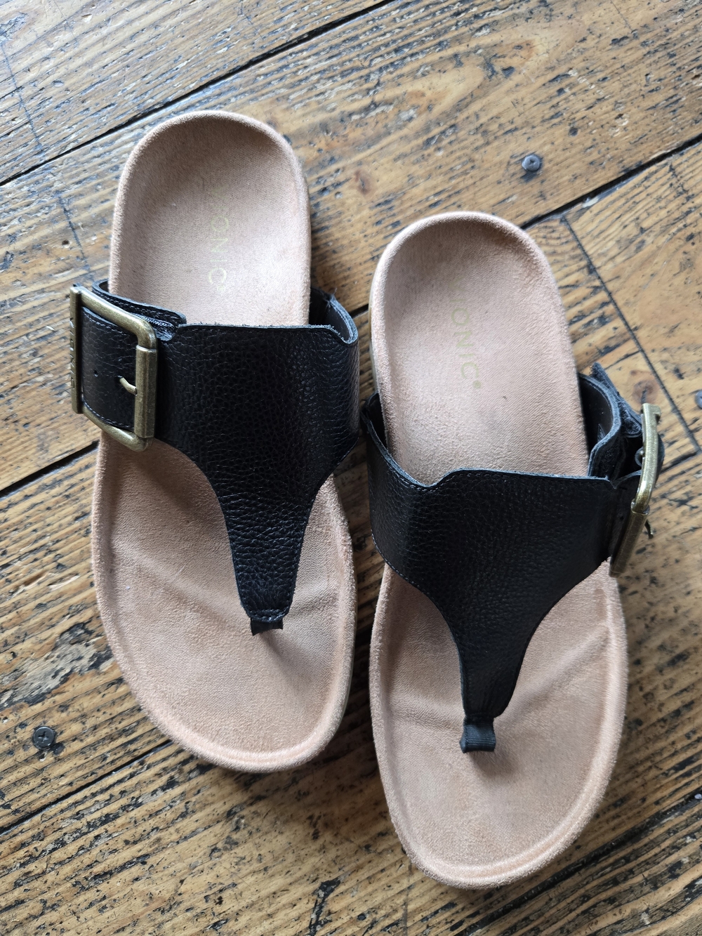 VIONIC Black Thong Sandals with Gold Buckle